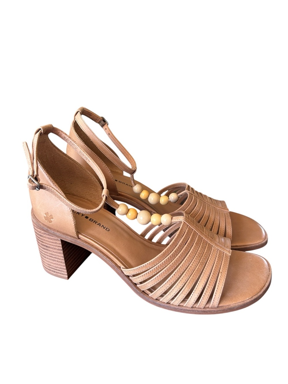 Lucky Brand Sylvesha Block Heel Tan Beaded Samdal Size 8 EU 38.5